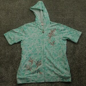 Quacker Factory jacket womens M Aqua Sea Rhinestone Short‎ Sleeve Zip Up Hoodie